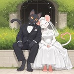 <3 anthro big_ears black_body black_clothing black_fur black_tie_(suit) blush bottomwear bowtie breasts clothed clothing digit_ring dress duo eyes_closed female fully_clothed fur garden jewelry male male/female married_couple pants pawpads pink_nose plant rat_tail ring smile suit tail wedding wedding_dress wedding_ring wedding_veil whiskers white_body white_clothing white_fur yellow_eyes burioth domestic_cat felid feline felis mammal mouse murid murine rodent hi_res