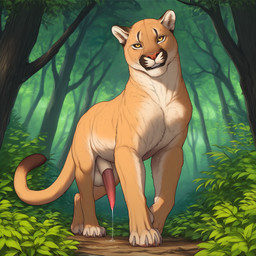 animal_genitalia animal_penis balls bodily_fluids claws feline_penis feral forest front_view fur genital_fluids genitals looking_at_viewer male outside paws penile_spines penis plant precum seductive solo tan_body tan_fur teeth toe_claws tree whiskers white_body white_fur yellow_eyes firewolf890 cougar felid feline mammal hi_res