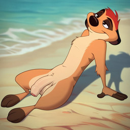 anthro balls beach big_balls big_penis foreskin genitals glans half-closed_eyes humanoid_genitalia humanoid_penis male narrowed_eyes nude outside partially_retracted_foreskin penis pink_glans relaxing sand sea seaside sitting smile solo water boxen549 disney the_lion_king timon herpestid mammal meerkat