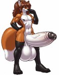 anthro balls belly big_balls big_butt big_penis black_nipples black_nose bodily_fluids brown_hair butt canid canine cox curvy_figure femboy fox genital_fluids genitals girly gloves_(marking) hair hand_on_hip huge_balls huge_penis humanoid_genitalia hyper hyper_balls hyper_genitalia hyper_penis leg_markings lips looking_at_viewer male mammal markings nipples orange_body paws penis plantigrade precum promptmeharderdaddy simple_background smile socks_(marking) solo thick_lips vulpine white_background white_belly wide_hips