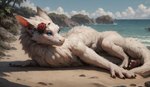 4_fingers 4_toes beach big_ears blue_eyes feet female feral fingers flower fluffy_fur fur lying nails on_front pawpads plant pony_diffusion_(model) quadruped relaxing rose_(flower) sand sea seaside solo toes water white_body fluffscaler luna_(scalesai) dragon furred_dragon hi_res