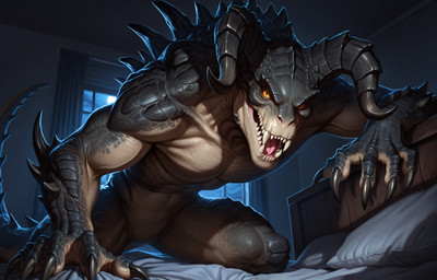 amber_eyes anthro bed bedding black_claws blanket claws curtains fangs furniture horn inside light looking_at_viewer male moon moonlight multicolored_body muscular nude on_bed pillow pupils scales slit_pupils solo spikes tail teeth tongue two_tone_body window saphirix fallout deathclaw reptile scalie 2025 hi_res