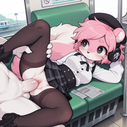 animal_ears animal_nose anthro balls beret black_bottomwear black_clothing black_eyes black_footwear black_headwear black_legwear black_skirt black_thighhighs blush body_fur bottomwear breasts clitoris clothed clothed/nude clothed_female clothed_female_nude_male clothed_sex clothing collared_shirt day duo erection faceless_character faceless_male female footwear fur genitals hair hand_behind_head hat headgear headphones headwear humanoid_genitalia humanoid_penis inside interspecies legwear long_sleeves looking_at_another lying male male/female medium_breasts mouth_closed neck_ribbon no_underwear nude nude_male on_back on_side pantyhose pattern_bottomwear pattern_clothing pattern_skirt penis pink_body pink_fur pink_hair plaid plaid_bottomwear plaid_clothing plaid_skirt pleated_skirt pussy raised_arm raised_leg ribbon sex shirt shoes short_hair skirt snout solo_focus spread_legs spreading tail thigh_highs topwear torn_clothes torn_clothing torn_legwear torn_pantyhose torn_thighhighs train vaginal vehicle white_body white_clothing white_fur white_shirt white_topwear kraakai mammal mephitid skunk absurd_res hi_res