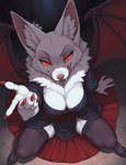 anthro black_clothing breasts claws clothed clothed_anthro clothed_female clothing colored_nails director_name dress ear_tuft fangs female fur glowing glowing_eyes inside legwear membrane_(anatomy) membranous_wings nails neck_tuft pink_nose red_clothing red_eyes red_nails red_wings sitting skimpy solo stockings tongue tongue_out tuft whisker_spots white_body white_fur wing_claws wings gilkardex countess microbat phyllostomid vampire_bat yangochiropteran absurd_res hi_res signature