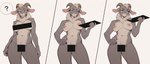 anthro censored_pussy cheek_bulge eating eyebrows female frown fur fur_collar grey_body grey_fur hand_on_hip humor large_breasts looking_down nipples nude question_mark raised_eyebrow simple_background solo standing violet_eyes white_background wheel_of_fortune bovid caprine goat mammal censored comic hi_res