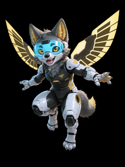 ambiguous_gender anthro black_body cheek_tuft chest_tuft claws cute_fangs cybernetics facial_tuft floating fur grey_body inner_ear_fluff looking_at_viewer machine markings open_mouth pawpads power_armor segmented_body solo tuft visor wings yellow_body yellow_eyes yellow_fur yellow_markings yellow_pawpads nightdancer mascot_2025 canid canine canis cyborg mammal wolf full-length_portrait hi_res portrait