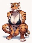 anthro arm_under_breasts barely_contained big_breasts bikini breasts chest_tuft cleavage cleavage_overflow clothed clothing crouching female glistening glistening_breasts hands_between_legs looking_at_viewer muscular muscular_female smile solo string_bikini stripes swimwear tuft whiskers anonymous_director felid mammal pantherine tiger hi_res