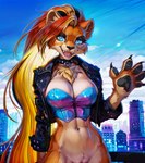 anthro bottomless choker clothed clothing corset female genitals gesture hair jacket jewelry lingerie long_hair looking_at_viewer necklace open_mouth open_smile pussy smile solo topwear waving waving_at_viewer denis0k canid canine canis mammal wolf