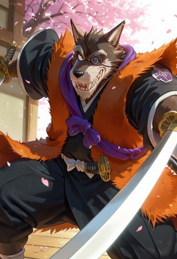 anthro asian_clothing belt cloth clothing east_asian_clothing eye_patch eyewear japanese_clothing katana kimono male melee_weapon solo sword weapon yaiba yariobe kuri245bo canid canine canis mammal wolf hi_res