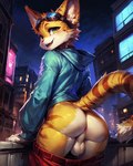 anthro anus backsack balls blinx blinx_the_time_sweeper bottomwear butt city city_background clothing collar down eyewear eyewear_on_head felid feline genitals gloves goggles goggles_on_head handwear hi_res hoodie male mammal pants solo styx343 topwear