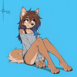 4_toes 5_fingers anthro arm_support baggy_clothing black_nose blue_eyes blue_hair bottomwear brown_body brown_fur brown_hair choker claws clothed clothing countershading_fur feet female fingers fluffy fur hair hands_between_legs jewelry knees_up looking_aside looking_up multicolored_hair muscular muscular_female necklace prick_ears shirt shorts simple_background sitting smile solo toe_claws toes topwear tuft two_tone_hair numeradin canid canine canis mammal wolf full-length_portrait portrait