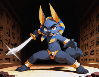 anklet anthro black_body black_fur bracelet clothing egyptian_clothing egyptian_headdress fluffy fluffy_tail fur jewelry male melee_weapon navel solo sword weapon yellow_eyes young_anthro young_male destructiveforce_(director) anubis_and_the_buried_bone anubis anubian_jackal canid canine canis deity jackal mammal hi_res