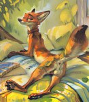 anthro anus bed butt canid canine casual_nudity collar collar_only dripping_paint erection flower fox furniture genitals heck_incarnate knot looking_at_viewer looking_back looking_back_at_viewer lying male mammal mostly_nude nick_wilde nude on_bed on_front painting_(artwork) plant pose presenting presenting_hindquarters raised_tail rear_view smile solo traditional_media_(artwork) zootopia