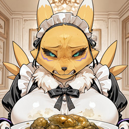 anthro big_breasts breasts clothing disgust feces female holding_object huge_breasts maid_uniform scat solo uniform lucasauditore bandai_namco digimon digimon_(species) renamon hi_res portrait