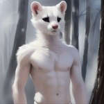 anthro black_lips domestic_ferret feralfresh fluffy forest fur grey_eyes hi_res lean lips male mammal mustela mustelid musteline navel nipples pink_nipples pink_nose plant snow snowing solo standing tree true_musteline whiskers white_body white_fur