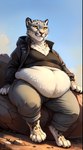 amber_eyes anthro belly big_belly bottomwear clothed clothing crop_top felid female ffox475 hi_res jacket mammal obese overweight pantherine pants shirt sitting sitting_on_rock snow_leopard solo topwear