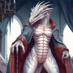 anthro bodily_fluids breasts carnelia clothing dragonborn_(disambiguation) exposed_breasts female genital_fluids nippleless non-mammal_breasts presenting pussy_juice pussy_juice_on_hand robe scales scalie solo ulfyn white_body white_scales