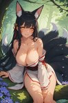 accessory big_breasts black_hair branch breasts cleavage clothed clothing facial_markings female flower forest hair hair_accessory head_markings in_tree inner_ear_fluff league_of_legends light long_hair looking_at_viewer markings multi_tail petals plant pupils robe shadow sitting sitting_in_tree skimpy slit_pupils smile solo sunlight tree tuft volumetric_lighting white_clothing yellow_eyes fenix_ai ahri_(lol) canid canine humanoid kumiho mammal mythological_canine mythological_fox hi_res watermark