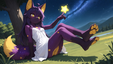 4_toes 5_fingers anthro breasts claws clothing dress feet female fingers fur grass hair leaning_on_tree long_hair night outside pawpads paws plant purple_body purple_fur small_breasts solo star_pattern sundress toe_claws toes tree yellow_pawpads young bommel marlene_(bommel) canid canine fox mammal hi_res