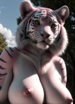 anthro breasts felid female fur green_eyes hi_res mammal nipples pantherine pink_body pink_fur pink_nipples plant solo stablexai tiger tree