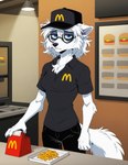 anthro black_bottomwear black_clothing black_nails black_pants blue_eyes bottomwear burger clothing colored_nails eyewear fast_food female food fries fur glasses hair mcdonalds nails pants solo tired_eyes white_body white_fur white_hair doomer_fox arctic_fox canid canine fox mammal hi_res