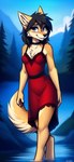 anthro breasts clothing dress female fur hair looking_at_viewer smile solo vargrklaw evelyn_(vargrklaw) canid canine canis mammal wolf hi_res