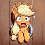 <3 <3_eyes applejack_(mlp) bodily_fluids equid equine female feral gasping horse mammal motion_lines my_little_pony open_mouth pony shaking solo stuck sweat through_wall trembling venisoncreampie