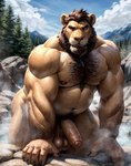 anthro balls bent_over body_hair chest_hair claws felid foreskin genitals hair hi_res hot_spring humanoid_genitalia humanoid_penis lion looking_at_viewer male mammal musclegut muscular muscular_anthro muscular_male pantherine penis portrait red_eyes saggy_balls serious_face short_hair simplyai solo standing vein veiny_arm veiny_penis water