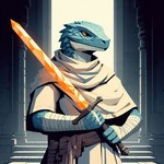 anthro blue_body blue_scales clothed clothing crystal hand_wraps male melee_weapon scales solo sword temple toony weapon white_clothing wraps yellow_eyes omgechounknown lizard lizardman reptile scalie