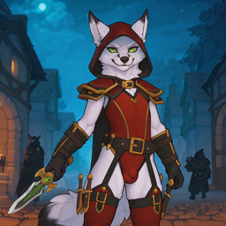anthro armor belt belt_buckle black_body black_fur bulge clothed clothing crossdressing dagger dipstick_tail fur gloves green_eyes handwear holding_object holding_weapon hood legwear leotard male markings melee_weapon night outside rogue shoulder_pads solo solo_focus tail_markings thigh_highs weapon white_body white_fur plapenjoyer canid canine fox mammal