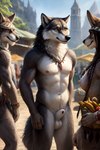 animal_genitalia anthro balls breasts building casual_nudity female fur genitals group house male nipples nude plant sheath ulfur5605 canid canine canis mammal wolf hi_res