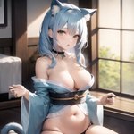 2023 animal_humanoid asian_clothing bare_shoulders blue_eyes blue_hair breasts cat_humanoid cleavage clothed clothing collar east_asian_clothing felid felid_humanoid feline feline_humanoid female hair humanoid inner_ear_fluff inside japanese_clothing kimono looking_at_viewer mammal mammal_humanoid midriff narrowed_eyes navel nemu_(character) nemu_(director) partially_clothed pigtails seductive skimpy solo tuft underwear window