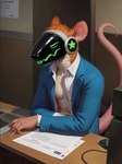 anthro blue_clothing business_clothing clothed clothing collared_shirt countershading desk fur furniture green_eyes male office open_clothing open_topwear orange_body orange_fur protogen_visor rat_tail slim solo suit table tired_eyes topwear vbs hybrid mammal murid murine rat rodent hi_res