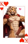 <3 abs animal_ears anthro balls big_penis blonde_hair blonde_mane blue_eyes card collar erection genitals hair male male_focus mane medium_hair muscular muscular_male nipples nude nude_male penis playing_card poker red_cape smile smiling_at_viewer solo solo_focus director_yeenashaven felid lion mammal pantherine absurd_res hi_res