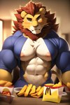 abs anthro areola bedroom_eyes blush bodily_fluids clothed clothing felid food fur hi_res hyper inside lion looking_at_viewer male mammal mane midriff muscular muscular_anthro muscular_male narrowed_eyes navel nipples pantherine pecs restaurant seductive skimpy smile smiley solo sweat