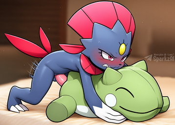 anthro balls bed biped blush bodily_fluids claws clenched_teeth erection furniture genitals male masturbation motion_lines nude penetration penile penile_masturbation penis plushie plushophilia red_eyes solo sweat teeth telegram telegram_logo text sergalbutt nintendo pokemon substitute_doll generation_4_pokemon pokemon_(species) weavile director_name signature url