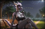 anthro bench clothed clothing crossed_legs dialogue female looking_at_viewer moon night park romantic sitting solo rinkamo the_yiff_republic jane_(the_yiff_republic) dragon scalie wingless_dragon absurd_res hi_res