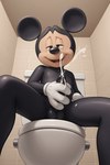 anthro bathroom black_body bodily_fluids cartoon_character cum disney ejaculation erection genital_fluids genitals humanoid_genitalia humanoid_penis looking_at_viewer low-angle_view male masturbation nude penis public_restroom restroom_stall solo toilet cartoonlover mickey_mouse mammal mouse murid murine rodent hi_res