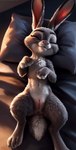 anthro backlighting bed bedroom cinematic_lighting detailed_background disney eyes_closed female feral front_view furniture genitals judy_hopps lagomorph leporid light lighting lying majorrenegade mammal nude on_back paws pussy sleeping solo zootopia