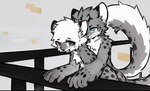 anthro changed_(video_game) from_behind_position fur green_eyes grey_body grey_eyes grey_fur hair male railing scratch sex spots spotted_body spotted_fur white_hair kyshan-73 leopard_(changed) felid mammal pantherine snow_leopard