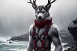 anthro antlers chest_harness harness horn male male/male rocky_shore scarf sea solo storm water wave paskis_(director) fyro_(paskis_(director)) canid canine canis cervid domestic_dog husky hybrid mammal nordic_sled_dog spitz