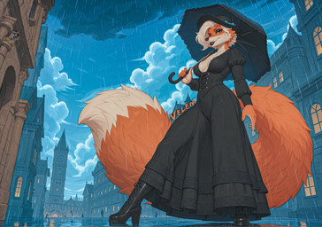 anthro black_clothing breasts city city_background clothing cloud dress female fluffy fluffy_tail footwear fur high_heels holding_object holding_umbrella lips looking_at_viewer night orange_body orange_eyes orange_fur raining solo umbrella victorian velen canid canine fox mammal red_fox absurd_res hi_res