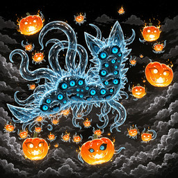 black_sclera black_sky blue_eyes fire floating food fruit horror_(theme) multi_eye plant pumpkin teeth tentacles icefoxai canid canine food_creature fox mammal monster absurd_res hi_res