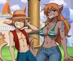 abs anthro bikini bikini_top bottomwear breasts clothed clothing cosplay denim denim_clothing duo female hair hat headgear headwear looking_at_viewer male navel one_piece smile swimwear twokinds anontk keith_keiser monkey_d._luffy nami_(one_piece) natani canid canine canis felid mammal wolf hi_res