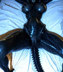 anthro black_body black_nipples black_skin breasts female genitals glistening glistening_body nipples photorealism pussy sharp_teeth solo tail teeth purrfectlyai alien xenomorph absurd_res hi_res