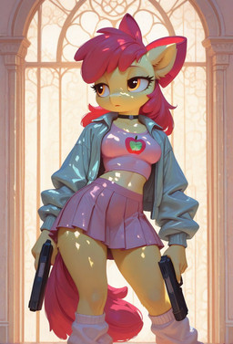 anthro bottomwear bowtie breasts choker clothed clothing crop_top curvy_figure female front_view fur gun hair handgun jacket jewelry leg_warmers legwear looking_away necklace pistol ranged_weapon red_hair shirt skirt solo standing tail topwear weapon window yellow_body yellow_eyes yellow_fur unknown_director friendship_is_magic my_little_pony apple_bloom_(mlp) equid equine horse mammal pony hi_res