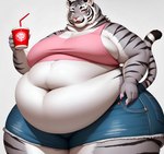 anthro belly beverage big_belly big_breasts big_butt bottomwear breasts butt clothed clothing container cup cutoffs denim denim_clothing fat_rolls female fur grey_body grey_fur holding_cup holding_object hyper hyper_belly looking_at_viewer morbidly_obese navel obese obese_anthro obese_female overweight overweight_anthro overweight_female pink_clothing pink_shirt pink_topwear shirt shorts smile solo striped_body striped_fur stripes thick_thighs topwear white_body white_fur wide_hips ailycanroc_(director) felid mammal pantherine tiger hi_res