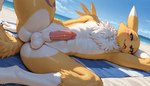 balls beach beach_towel belly black_sclera blue_eyes blush chest_tuft erection fluffy fluffy_tail genitals lying male penis seaside solo tongue tongue_out towel tuft white_belly yellow_body medlem canid canine digimon_(species) fox mammal renamon hi_res