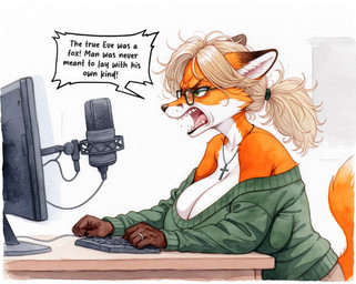 angry anthro big_breasts blonde_hair breasts clothed clothing computer cross cross_necklace digit_ring eyewear female fur glasses green_eyes hair huge_breasts jewelry messy_hair microphone necklace off_shoulder orange_body orange_fur ponytail ring solo sweater topwear wedding_ring yelling arantonak canid canine fox mammal hi_res