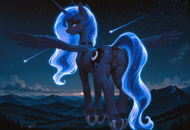 animal_genitalia animal_pussy anus blue_body blue_feathers blue_fur blue_hair cloud cutie_mark detailed_background dock_(anatomy) equine_anus equine_pussy ethereal_hair ethereal_tail evergreen_tree feathers female feral flying forest fur genitals hair hooves horseshoe mountains night pine_tree plant pussy shooting_star sky solo spread_wings star starry_sky teal_eyes tree wings tamrad friendship_is_magic my_little_pony princess_luna_(mlp) hi_res